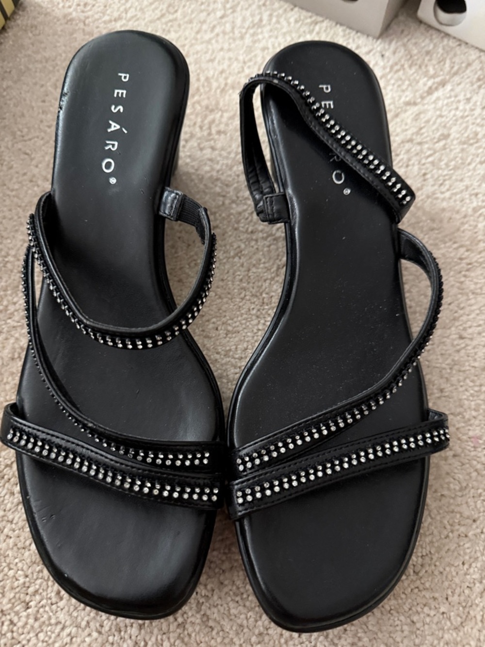 Pesaro Black Strappy Sandals with Crystal Accents